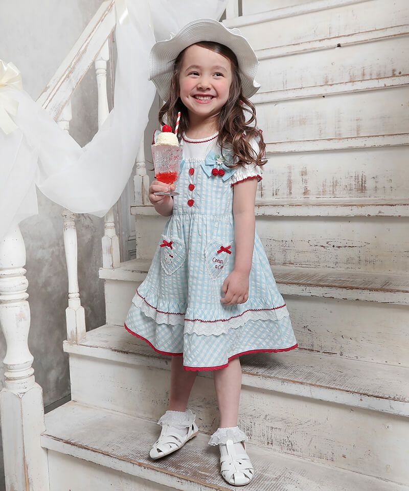 coeur a coeur チェリーリボンギンガムチェックドッキングワンピース